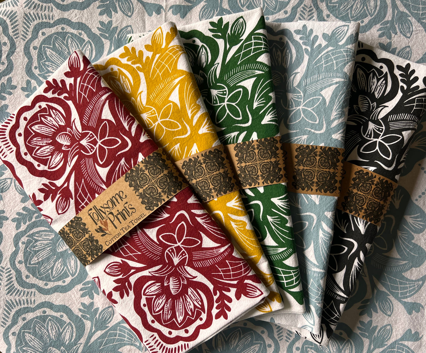 Rosemaling Art Cotton Tea Towel: Rust Red