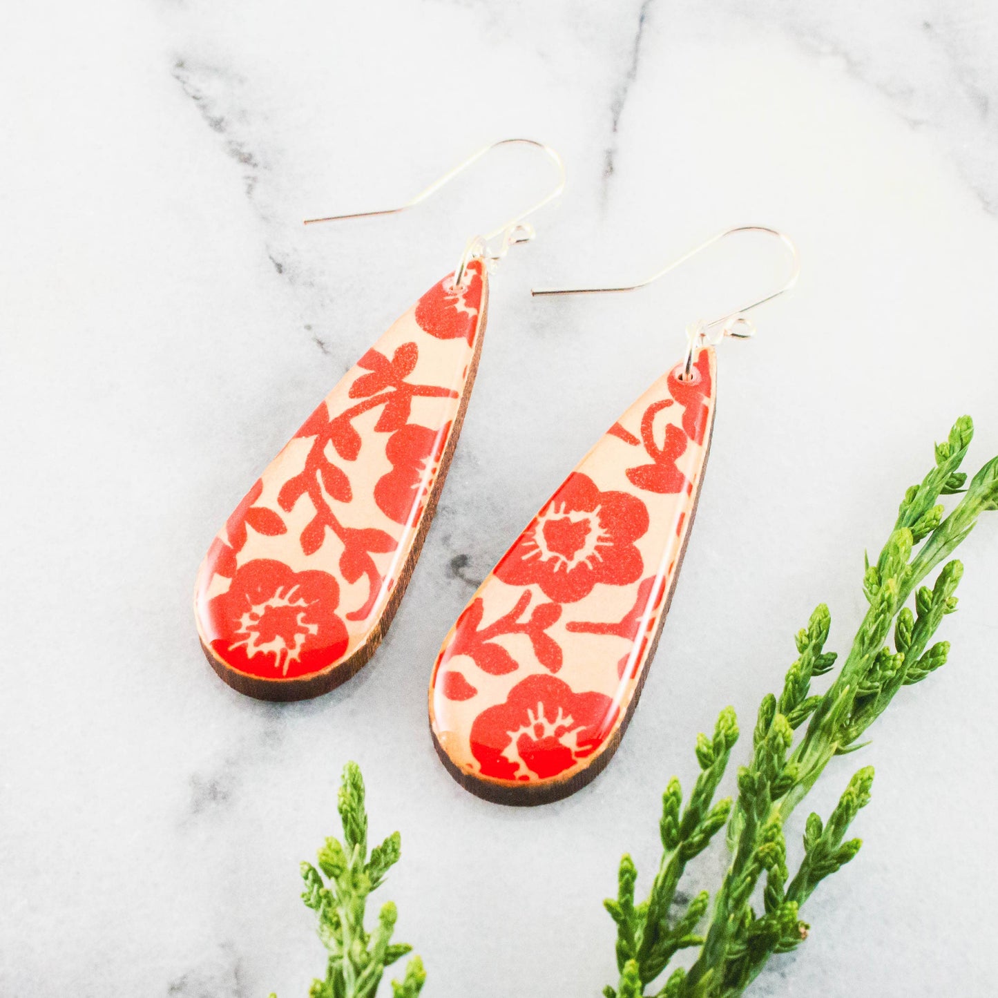 Teardrop Red Graphic Floral Earrings