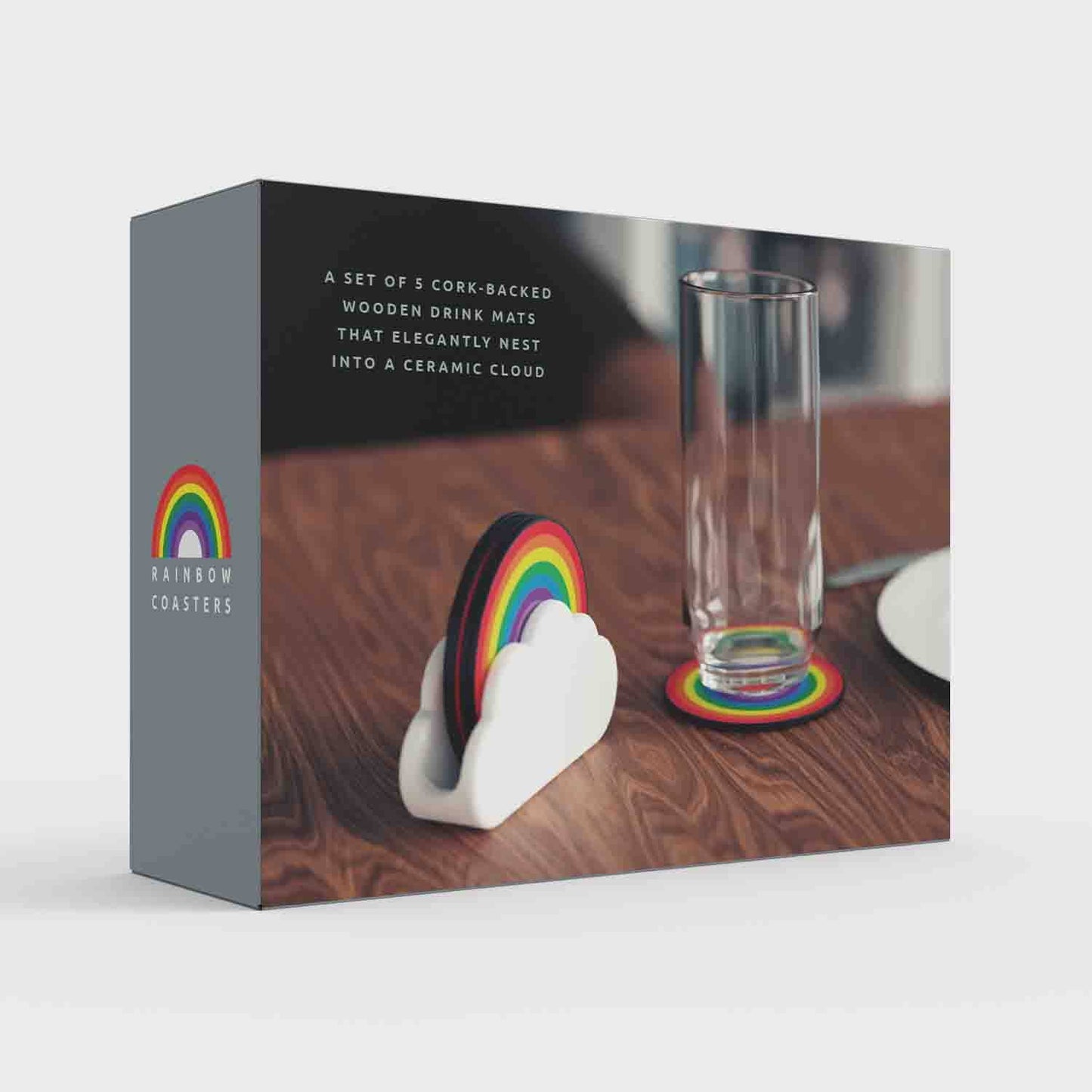 Rainbow Coasters | Wooden Coasters in Ceramic Cloud Holder