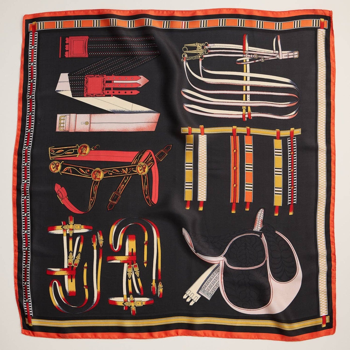 Silk Square Scarf with Equestrian Saddle & Tack Print
