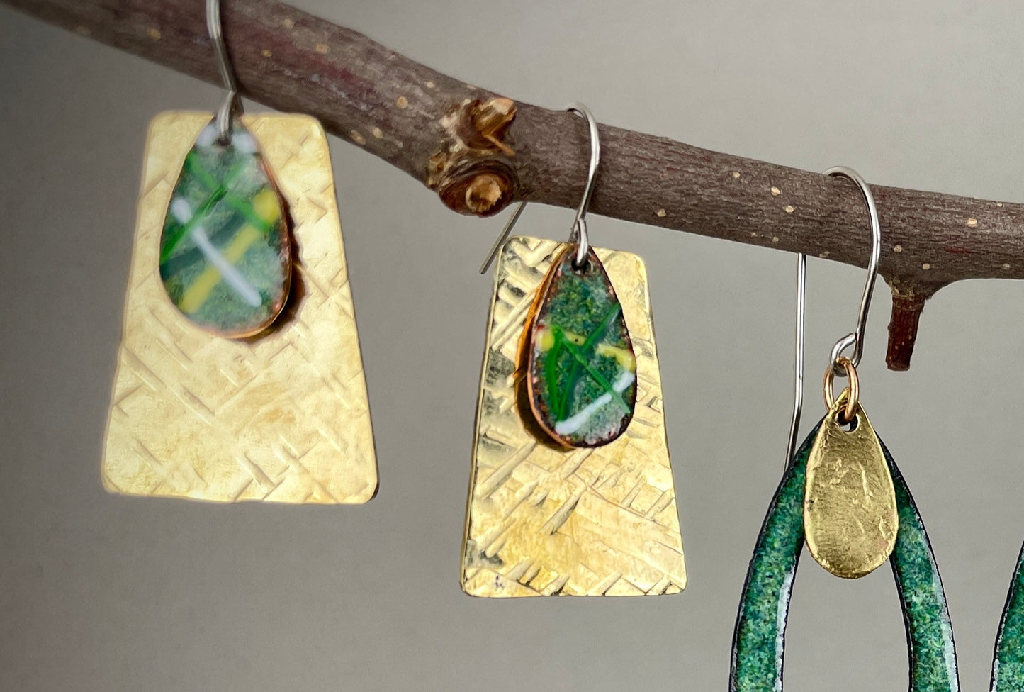 Trapezoid Brass with Green Teardrop Earring by A.H. Szabo Designs