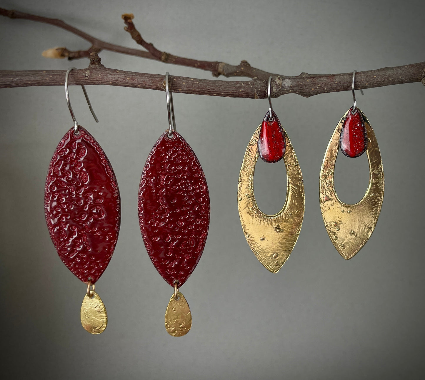 Textured Red Pointed Ovals with Brass Drops Earring by A.H. Szabo Designs