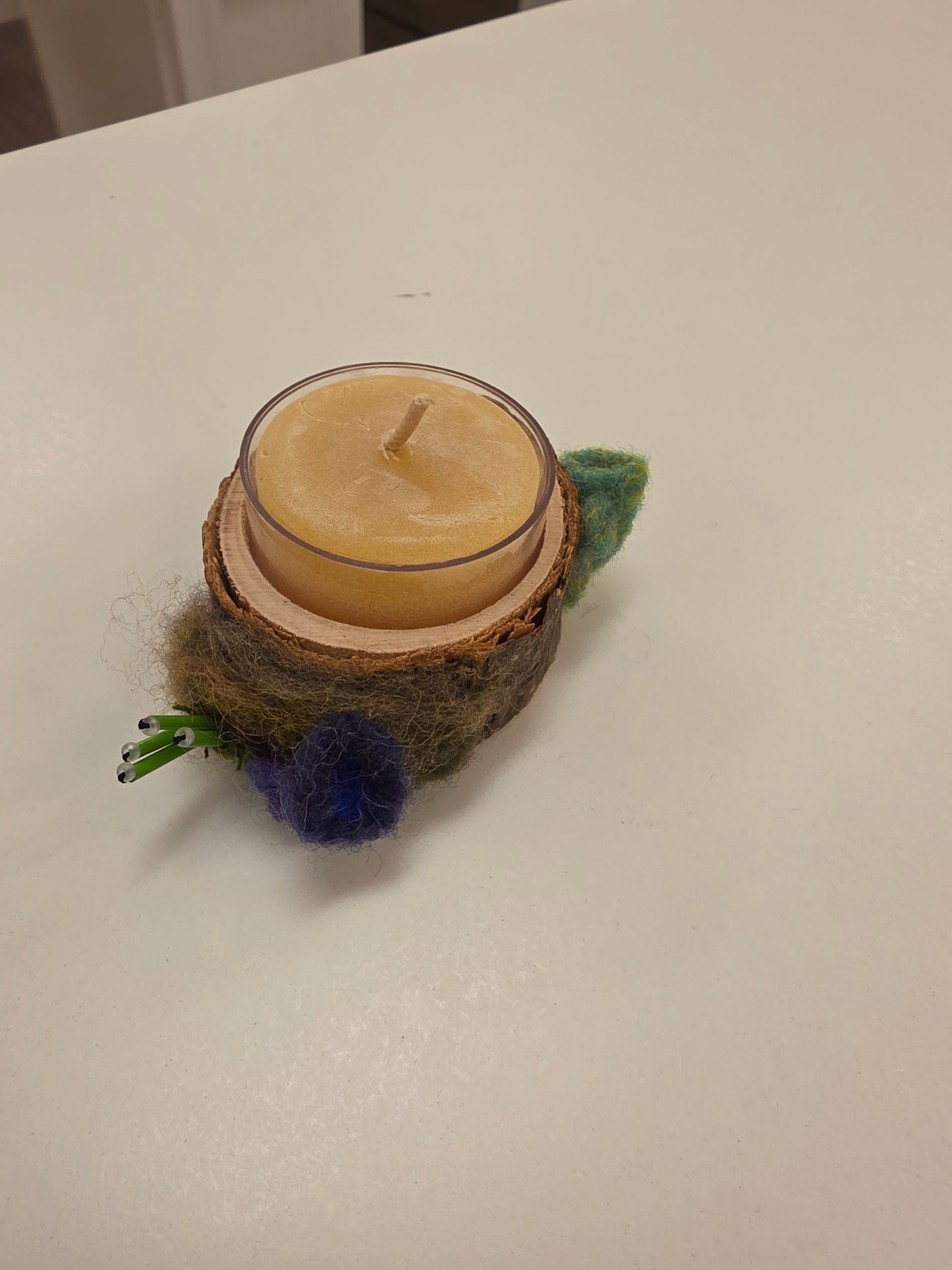 Small Green Tree Trunk Candle Holder with Beeswax Candle by Pillbug Designs