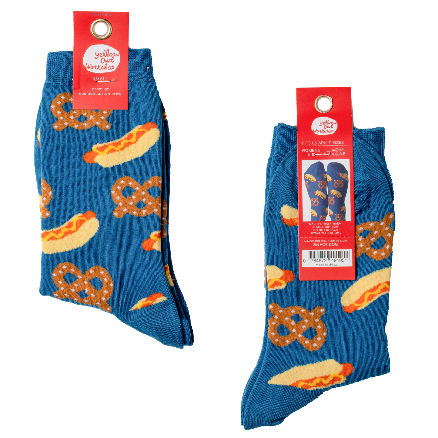 Hot Dog & Pretzel - Small Crew Socks - Sporty Snack Gift