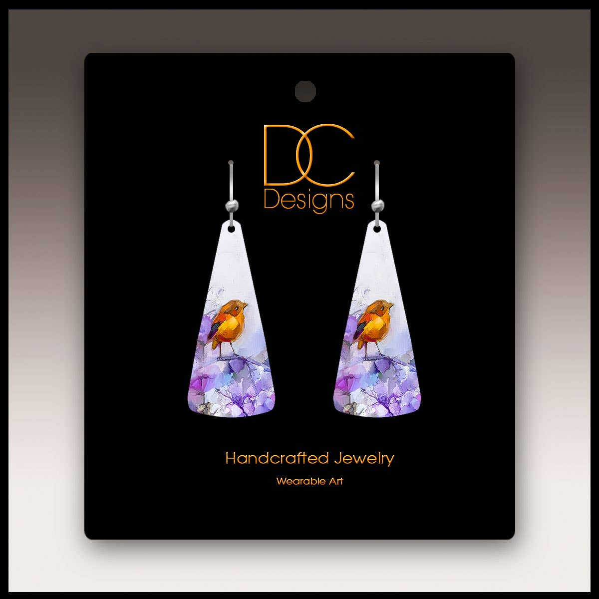 Orange Bird Fine Art Statement Triangle Drop Handmade Earrings