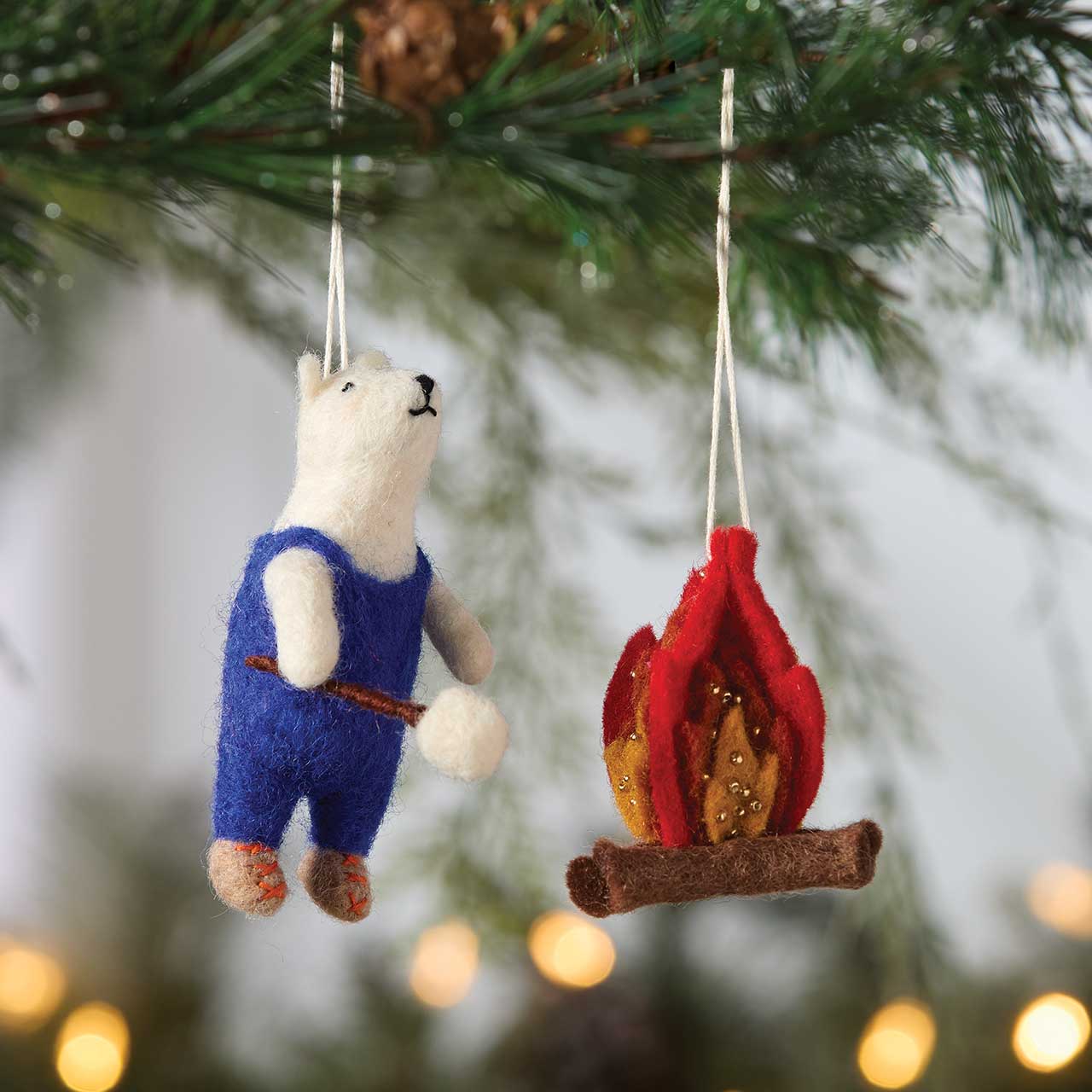 Cozy Bear & Campfire Christmas Ornaments - Set of 2