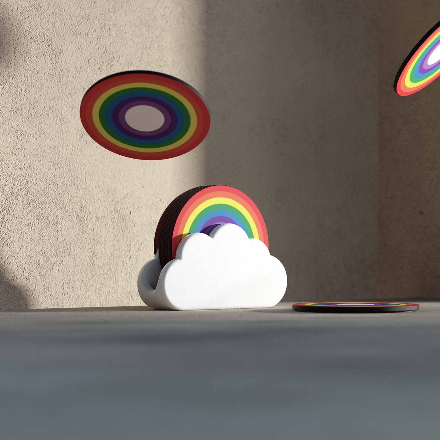 Rainbow Coasters | Wooden Coasters in Ceramic Cloud Holder