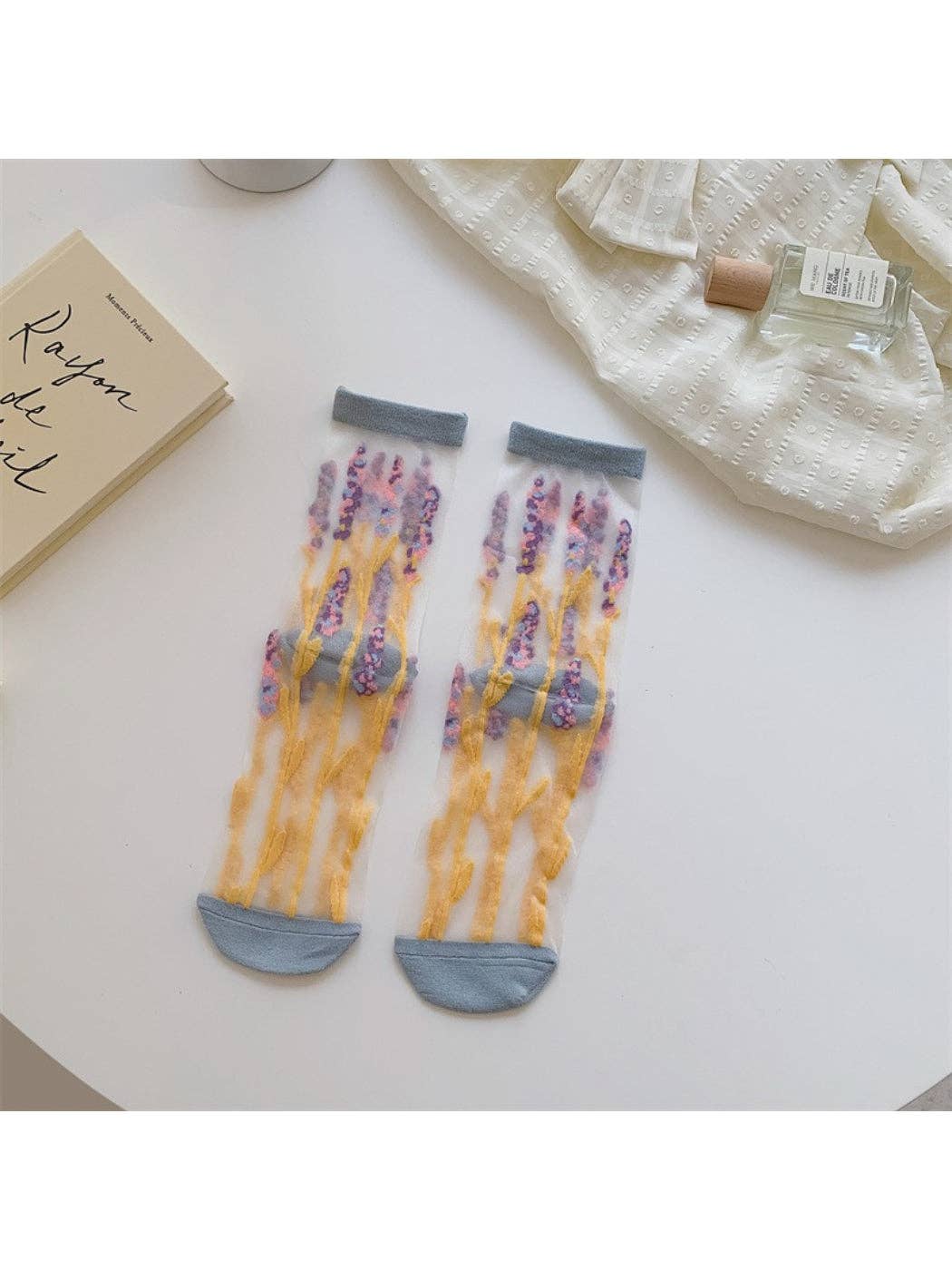 Rufia - Sheer Garden Flower Embroidered Crew Socks