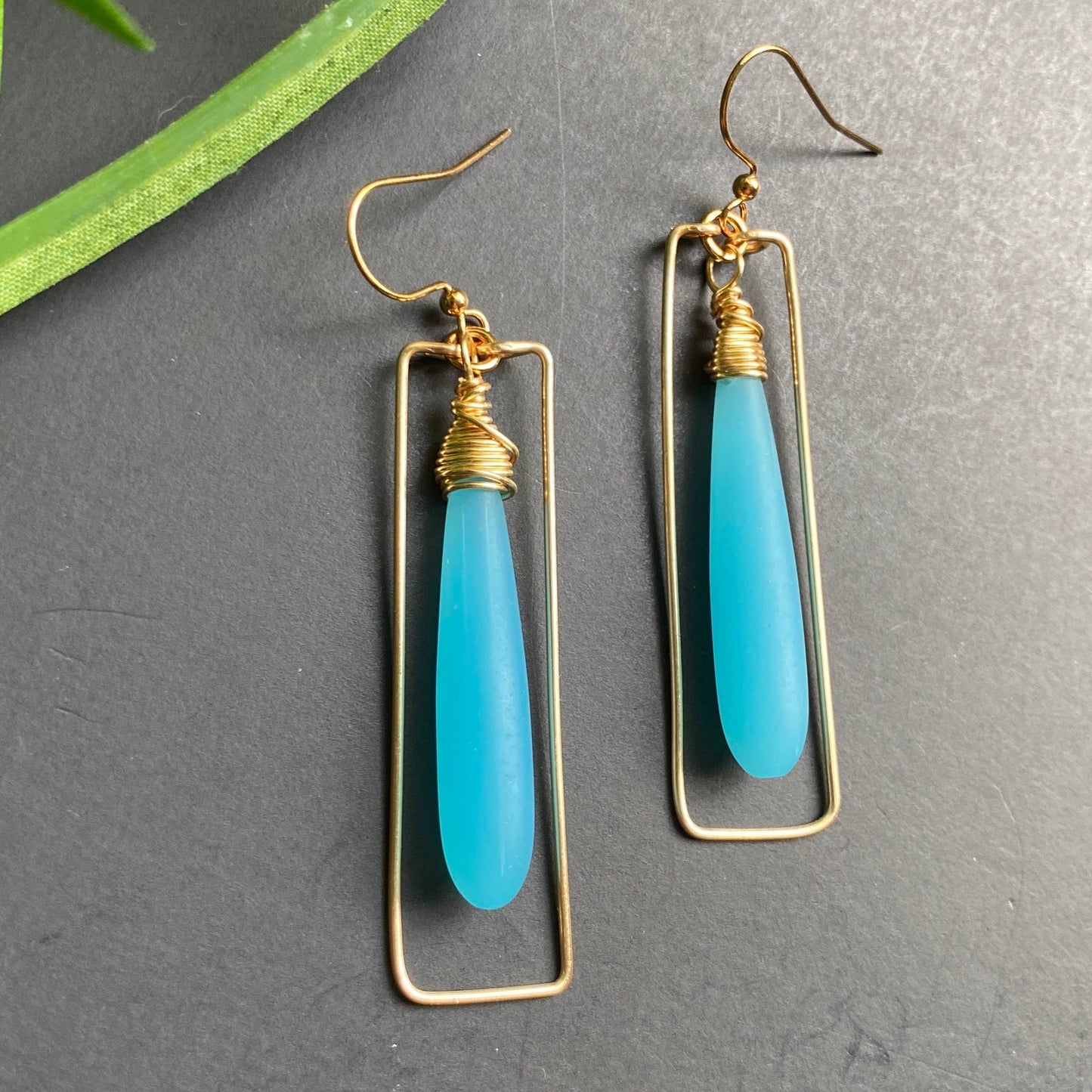 Gold Rectangle Blue Teardrop Hammered Earrings Dangle Drop