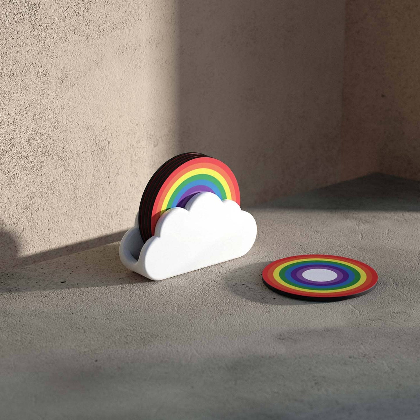 Rainbow Coasters | Wooden Coasters in Ceramic Cloud Holder