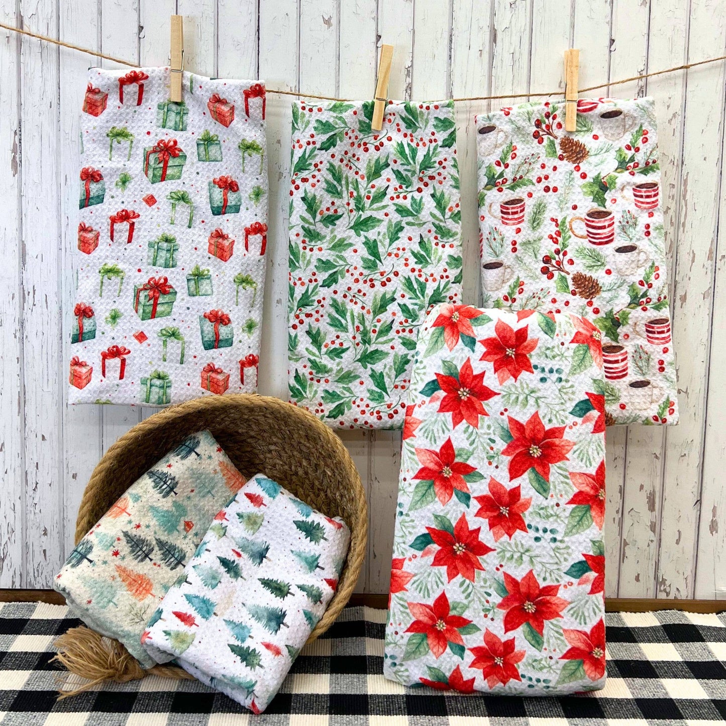 Christmas Tree Patterned Christmas Decor Waffle Tea Towels
