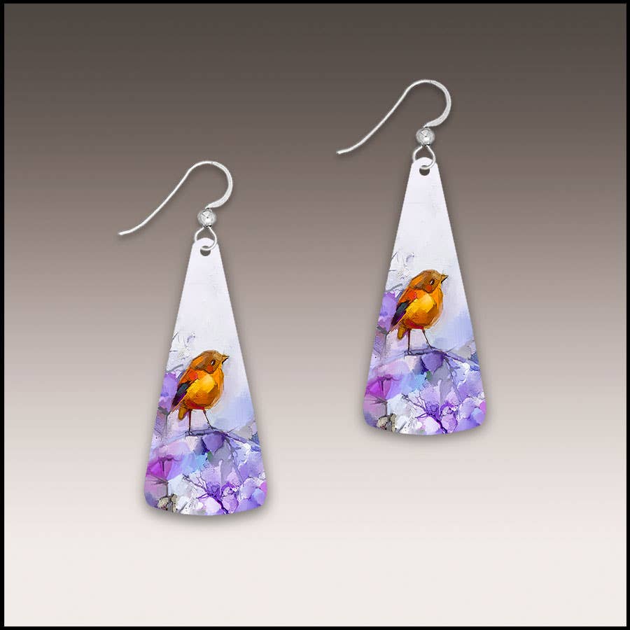 Orange Bird Fine Art Statement Triangle Drop Handmade Earrings