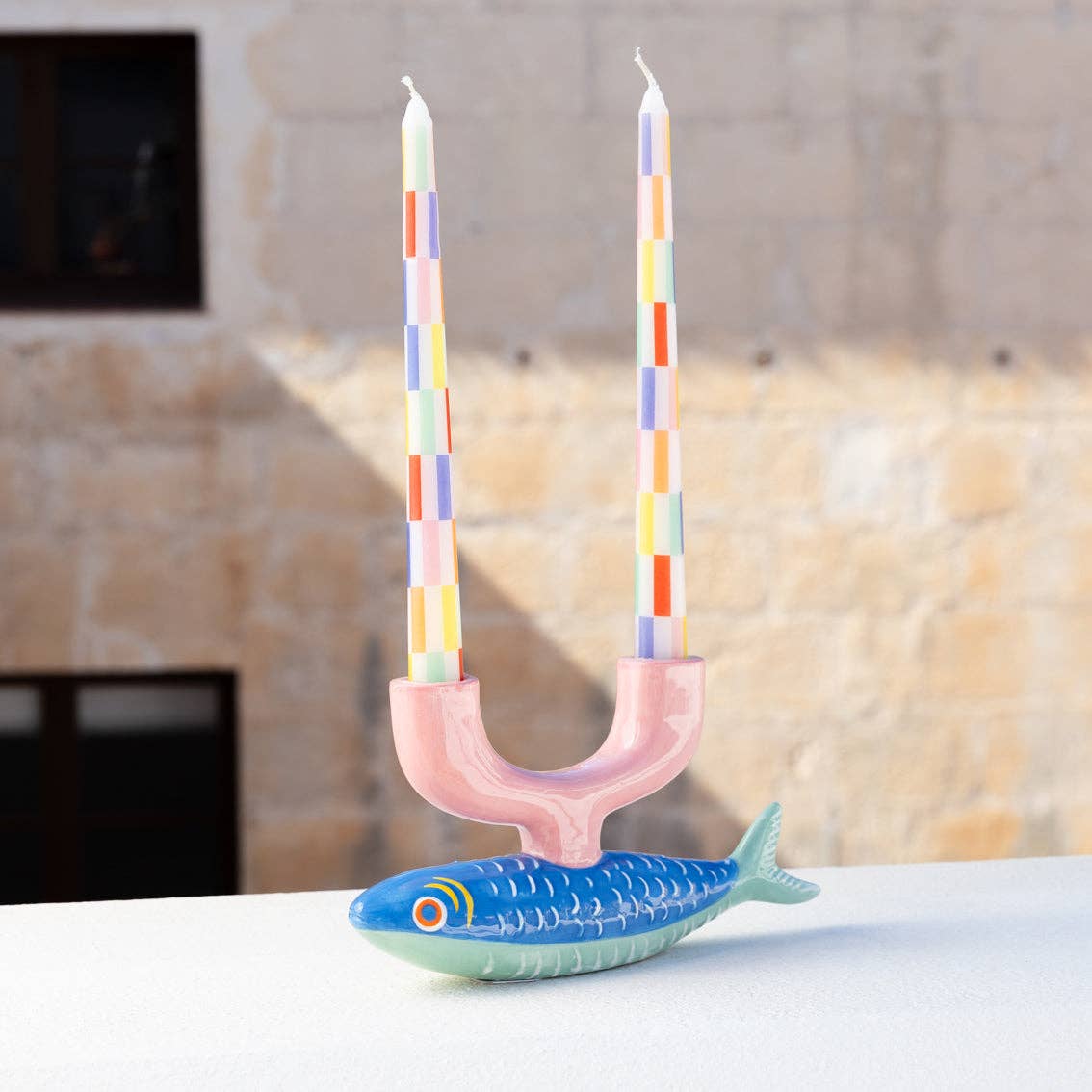 Multicolor Check Taper Candles 2 Pack