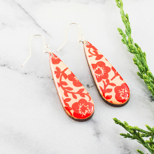 Teardrop Red Graphic Floral Earrings