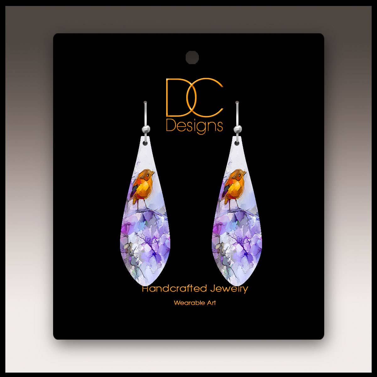 Orange Bird Fine Art Long Drop Handmade Earrings