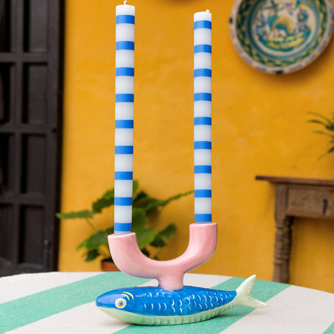 Blue & White Stripe Dinner Candles