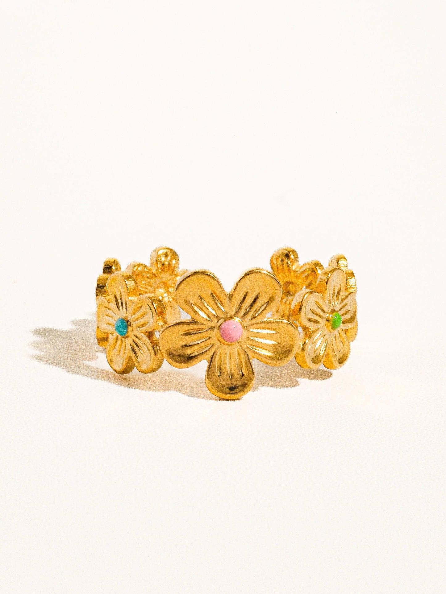 Bali 18K Gold Non-Tarnish Flower Stack Adjustable Ring