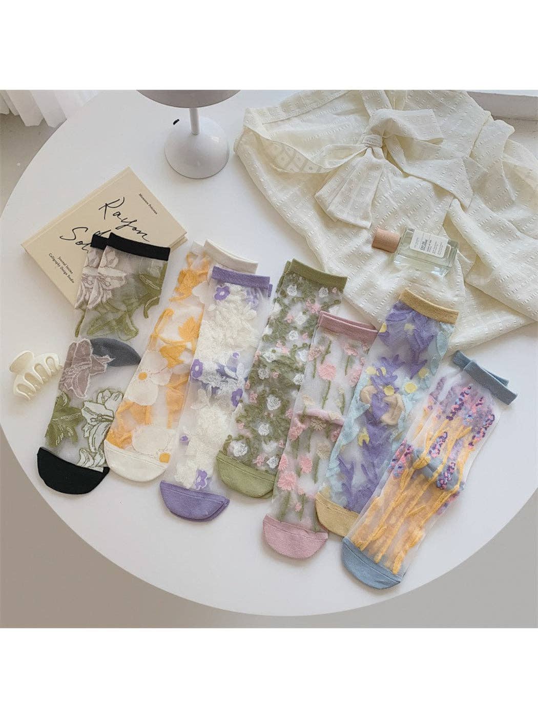 Rufia - Sheer Garden Flower Embroidered Crew Socks