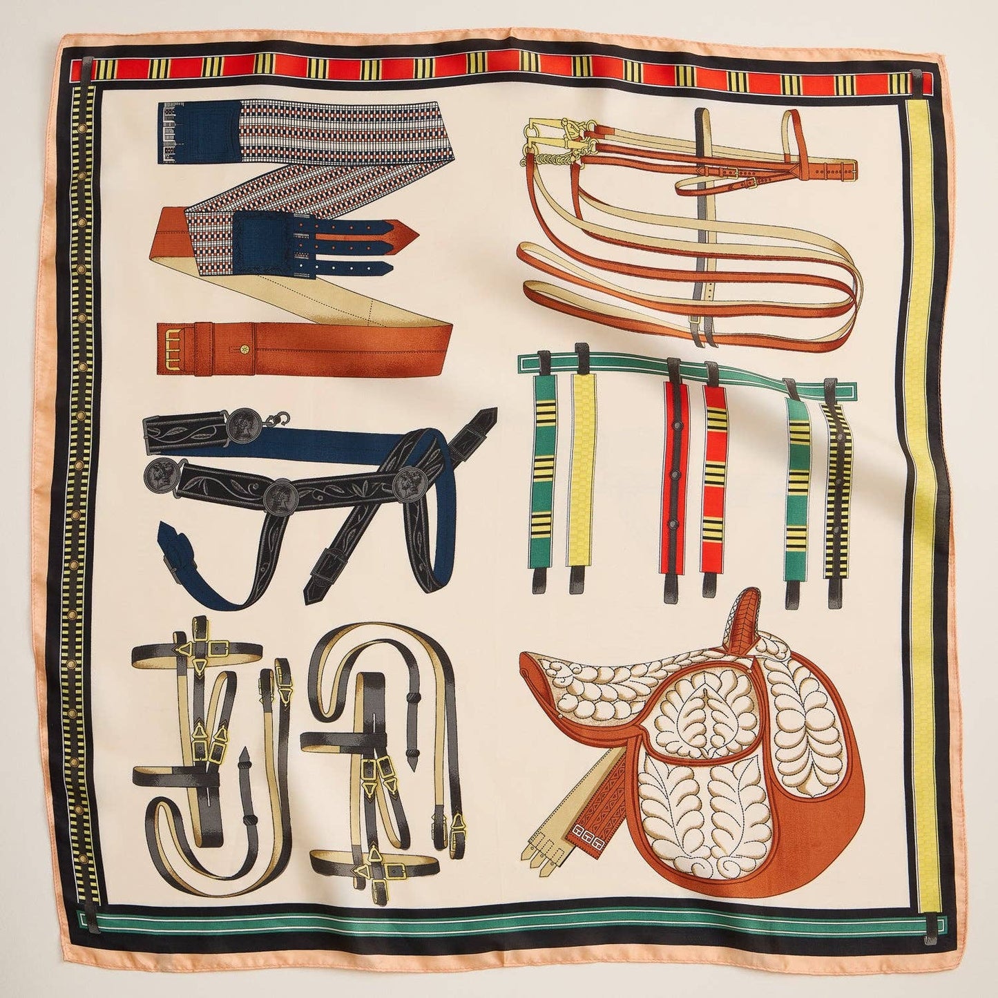 Silk Square Scarf with Equestrian Saddle & Tack Print