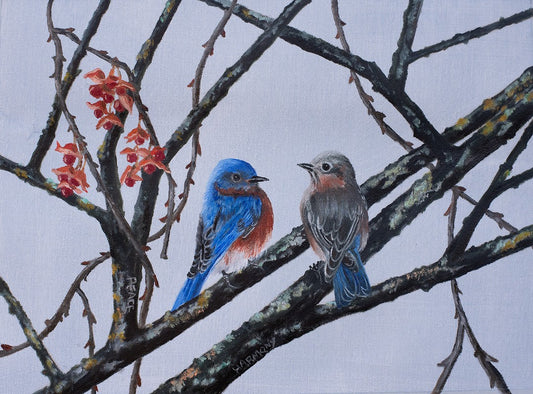 Bluebirds + Bittersweet, oil on Belgian linen 11 x 17"