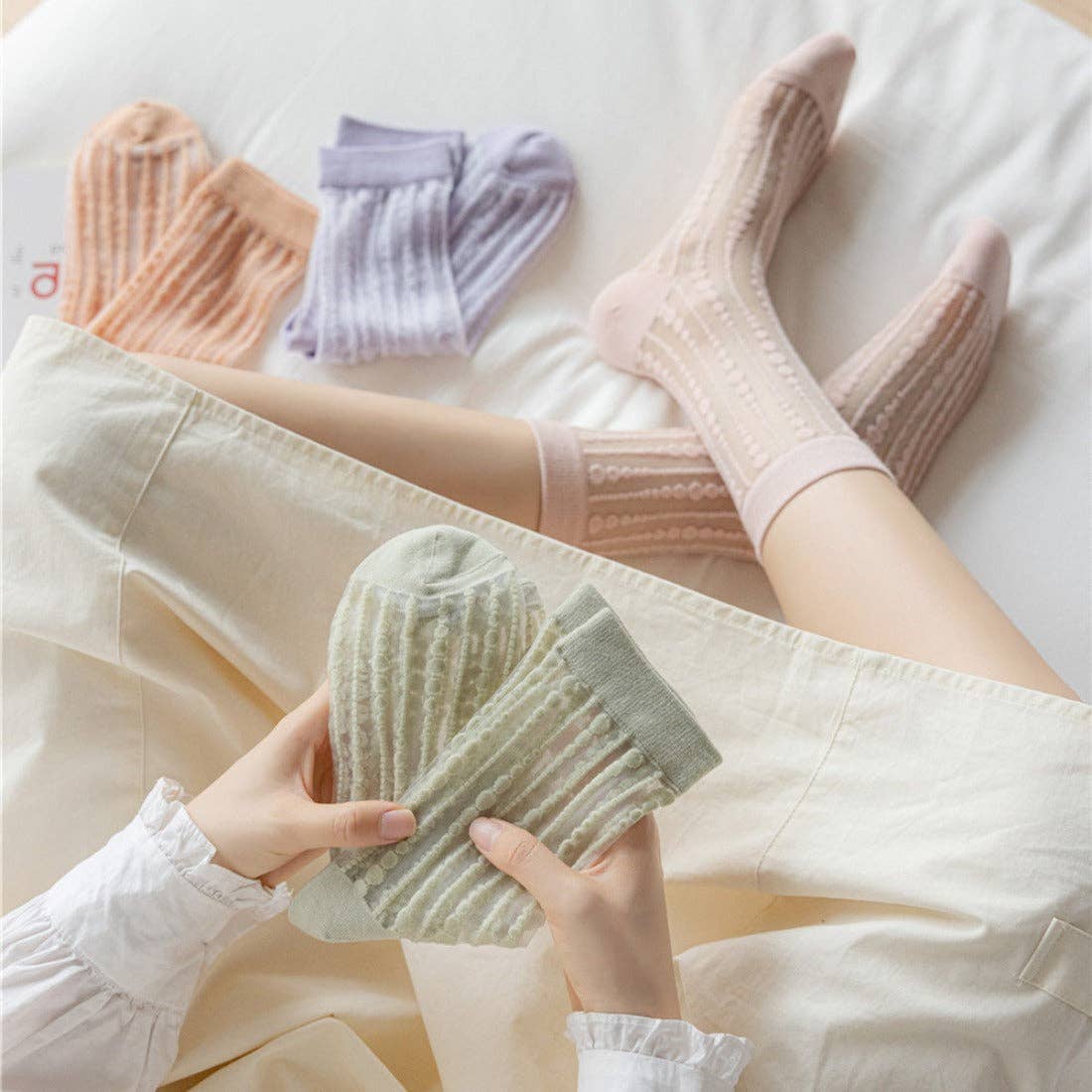 Rufia - Polka Dot & Striped Sheer Crew Socks