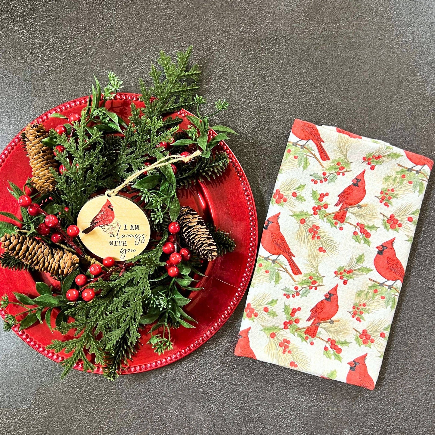 Red Cardinal Pattern Waffle Hand Towel With Hanging Loop