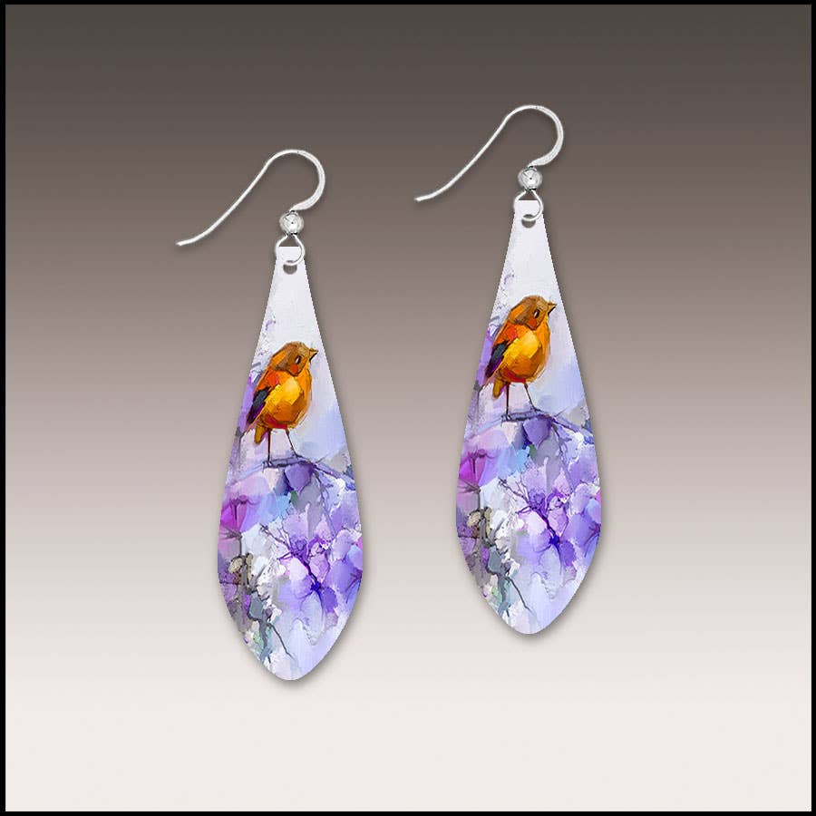 Orange Bird Fine Art Long Drop Handmade Earrings