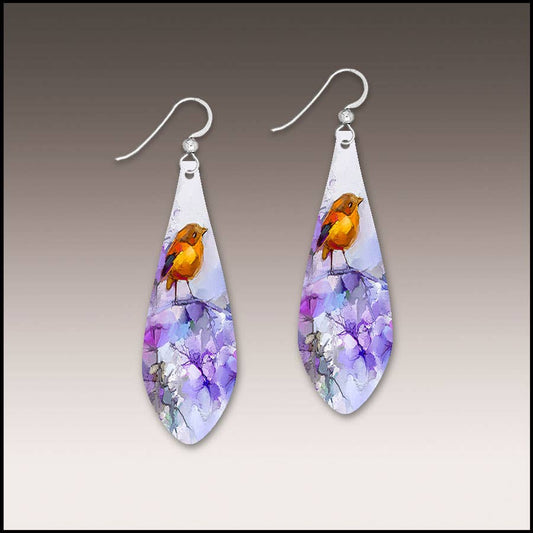 Orange Bird Fine Art Long Drop Handmade Earrings