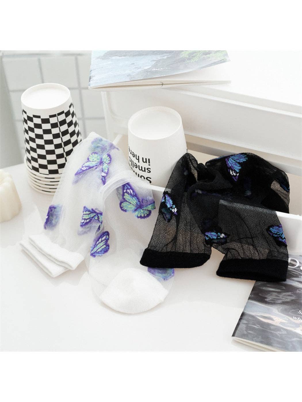 Rufia - Butterfly & Rose Sheer Crew Socks