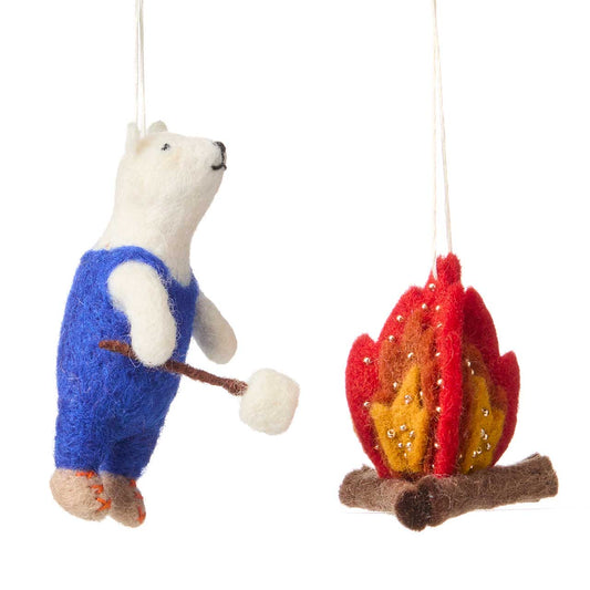 Cozy Bear & Campfire Christmas Ornaments - Set of 2