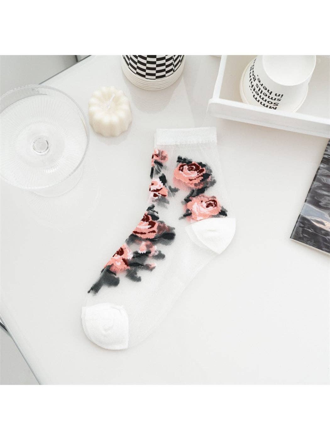 Rufia - Butterfly & Rose Sheer Crew Socks
