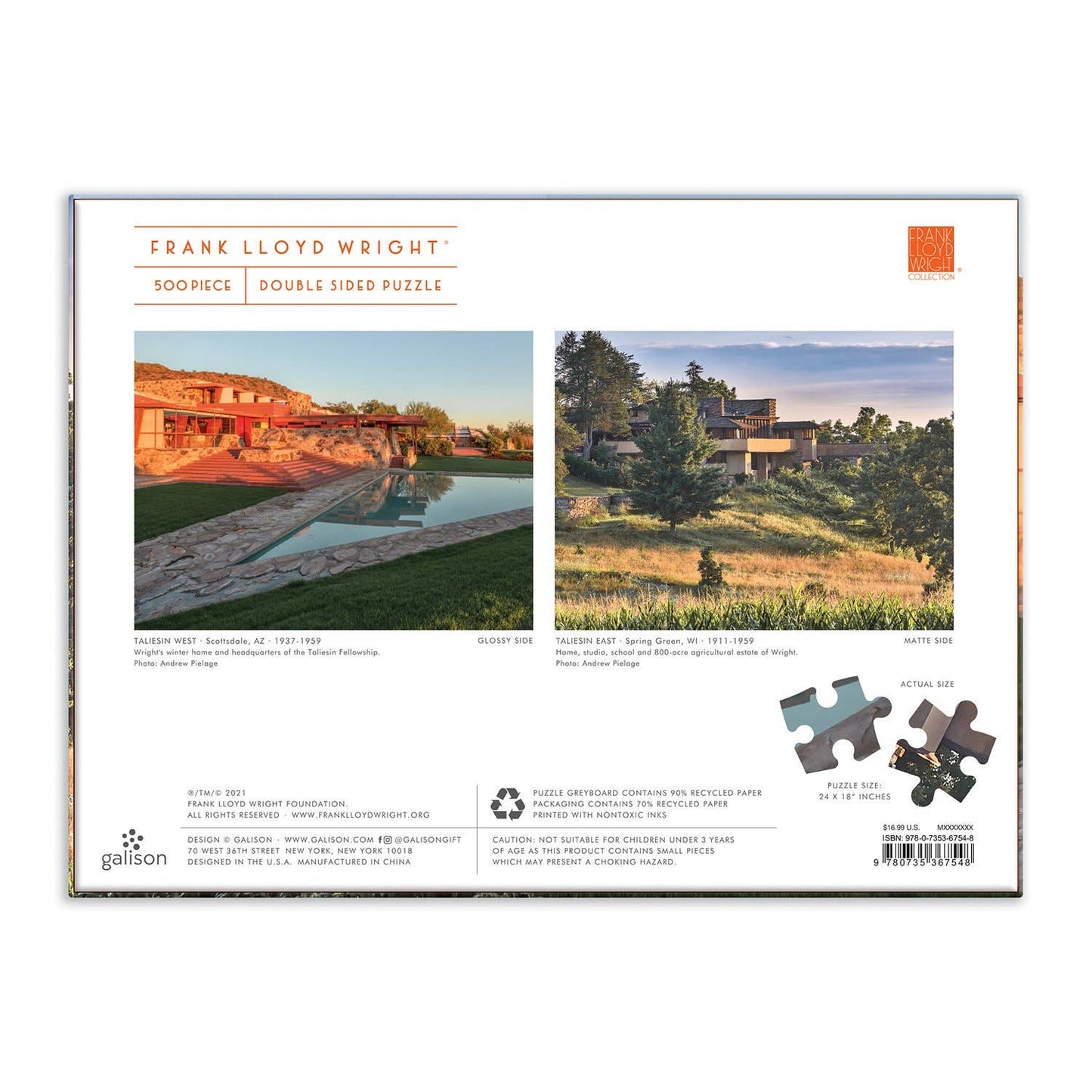 Frank Lloyd Wright Taliesin and Taliesin West 500 Piece Double-Sided Puzzle