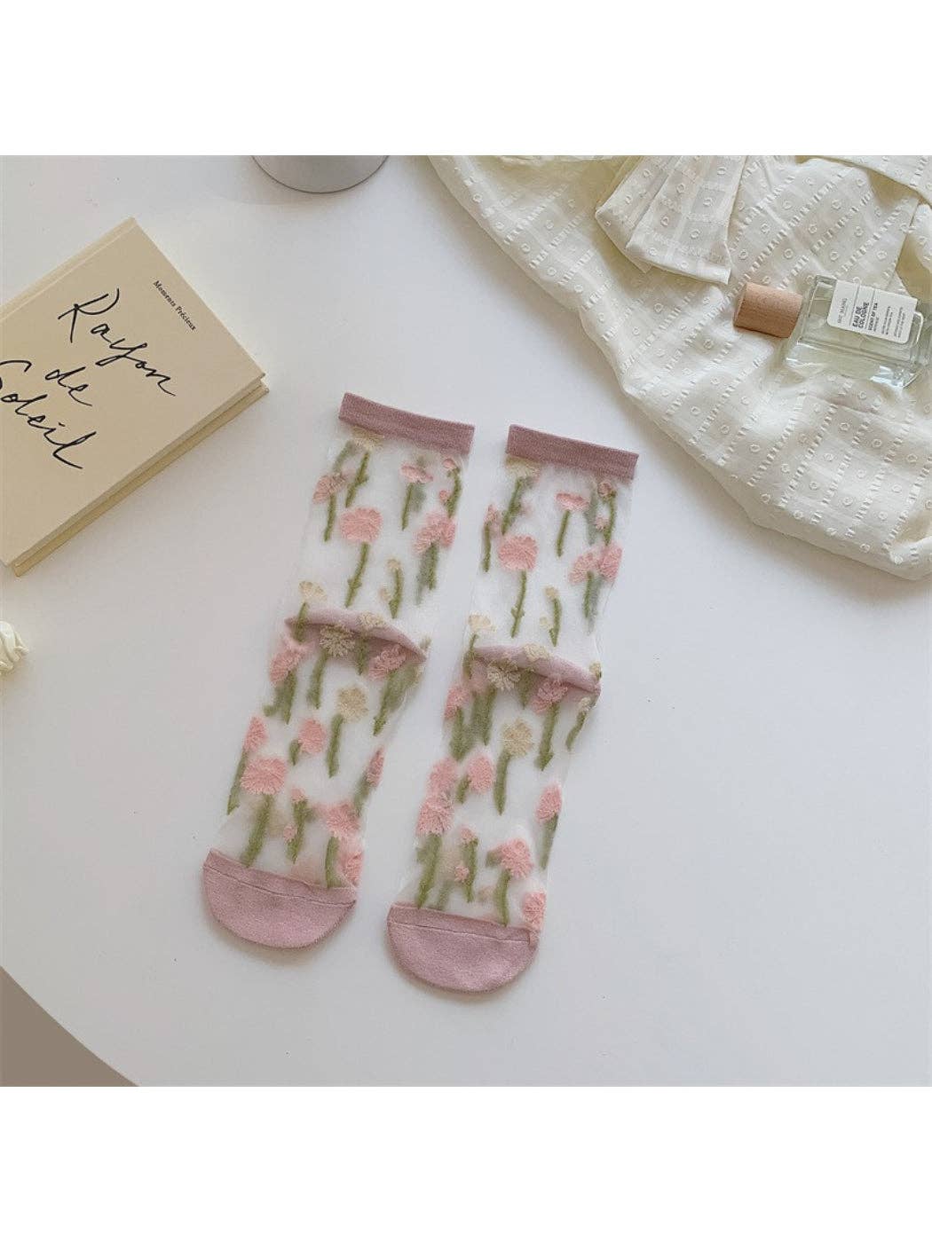 Rufia - Sheer Garden Flower Embroidered Crew Socks