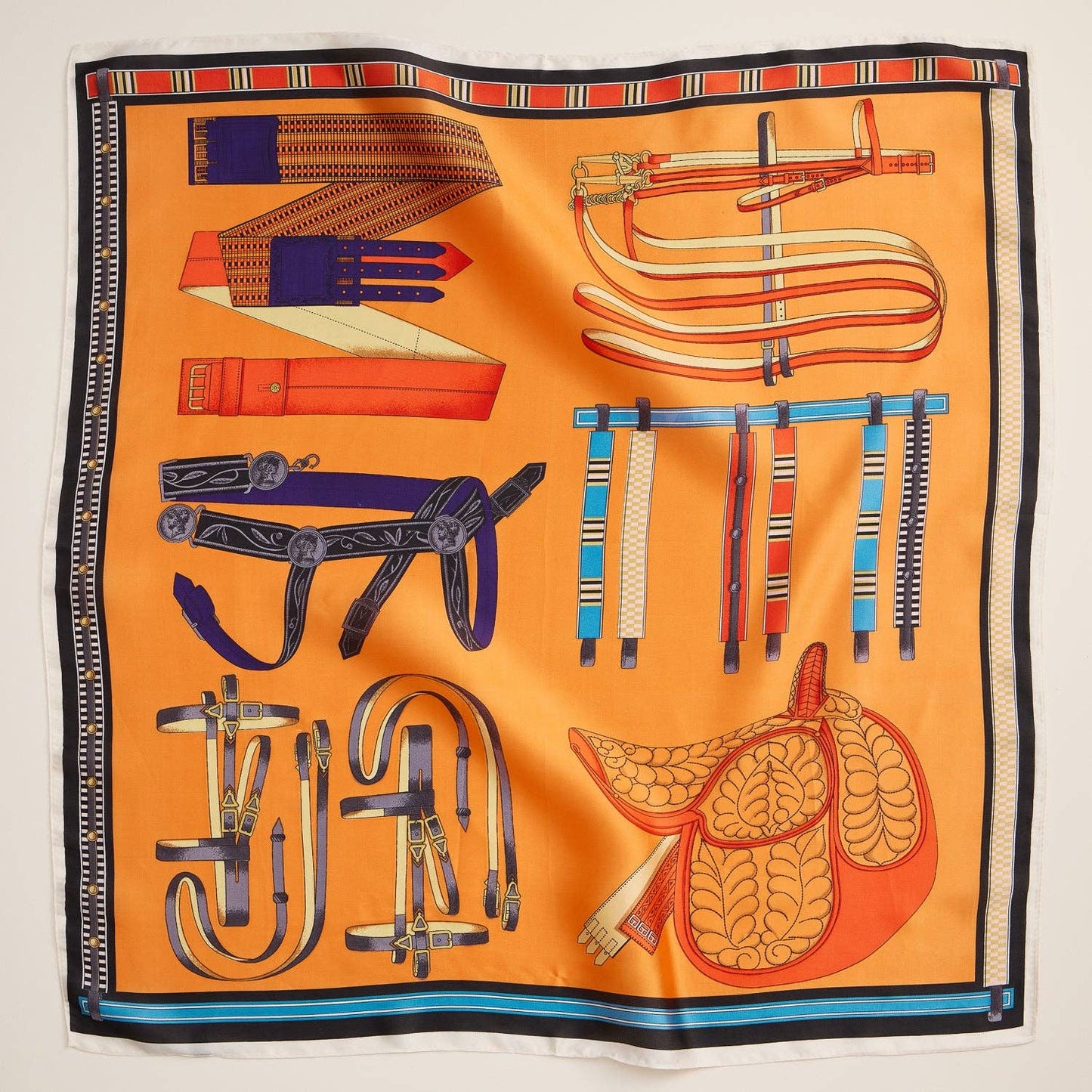 Silk Square Scarf with Equestrian Saddle & Tack Print