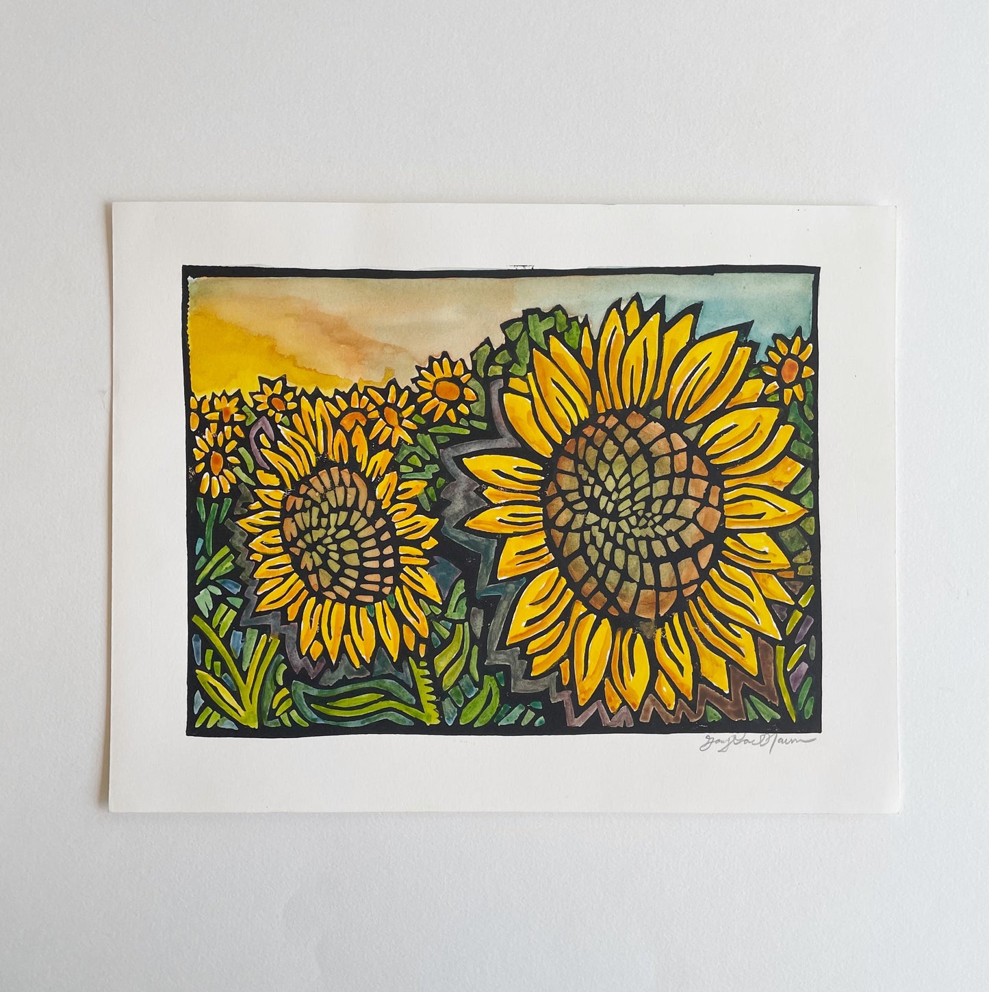 Sunflowers - Hand-painted Linocut Art Print