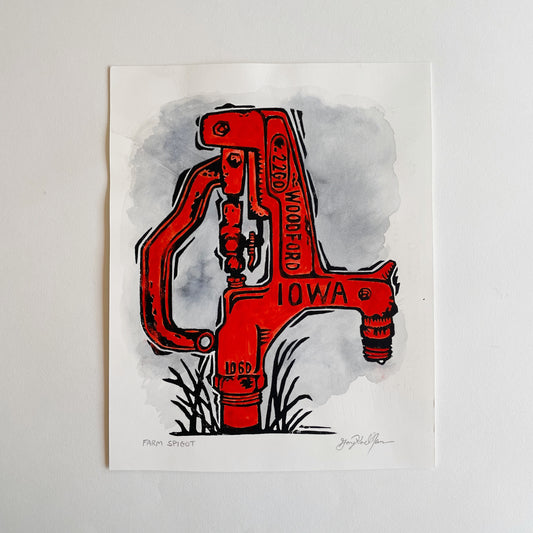 Farm Spigot - Hand-painted Linocut Art Print