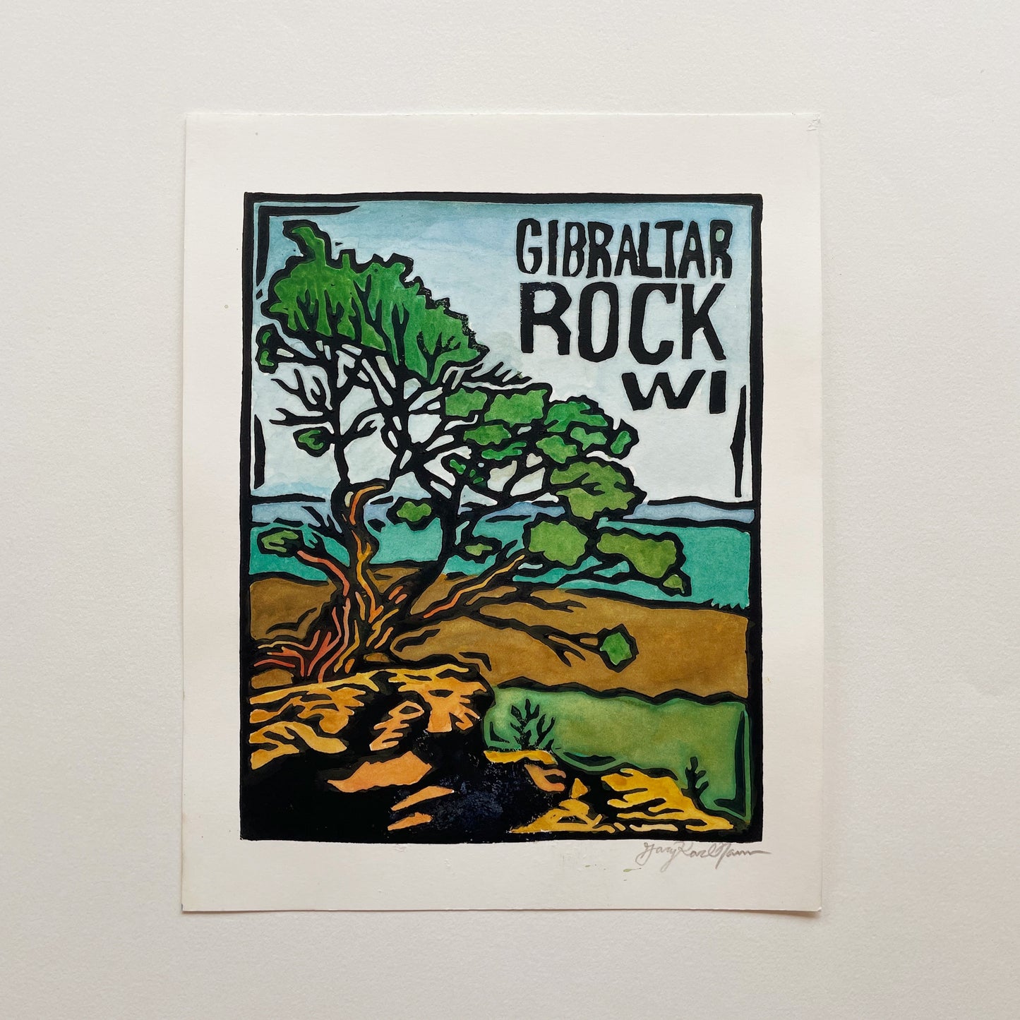 Gibraltar Rock, WI - Hand-painted Linocut Art Print