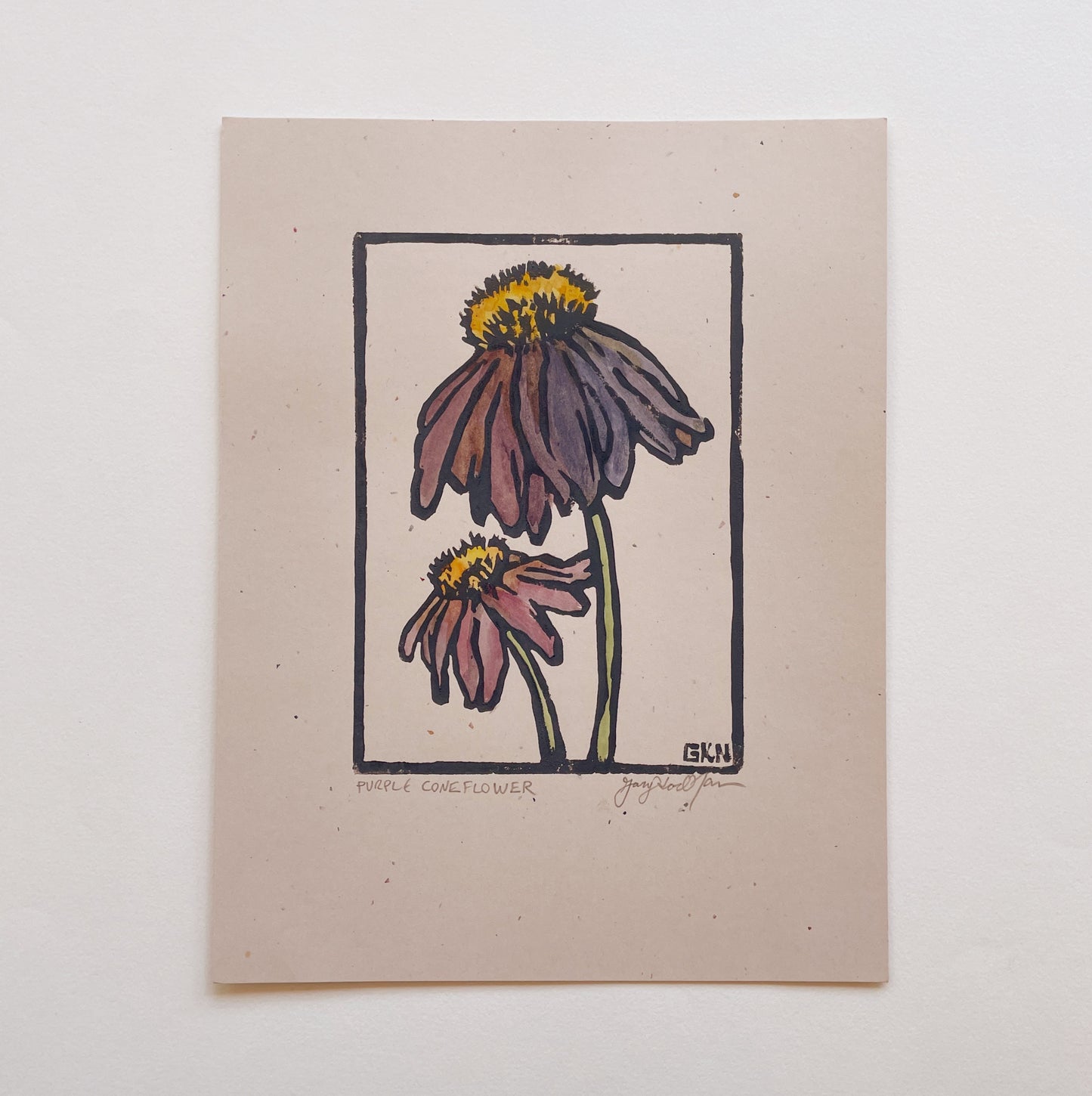 Purple Coneflower - Hand-painted Linocut Art Print