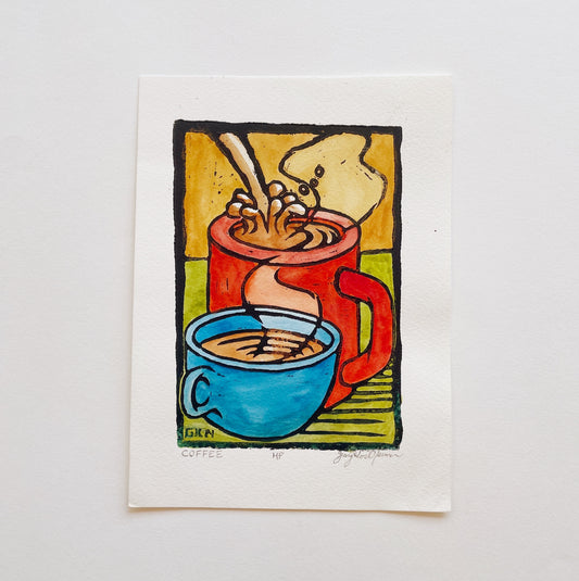 Coffee - Hand-painted Linocut Art Print