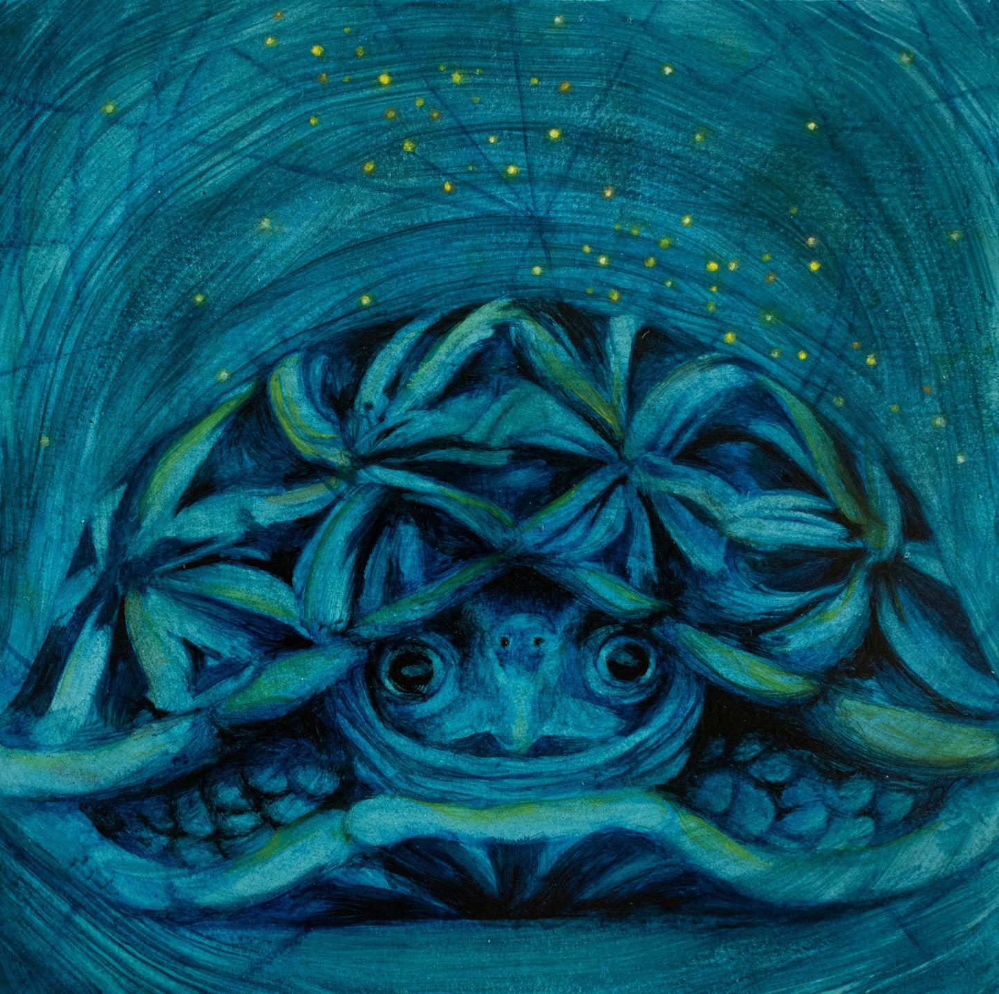 Bottom Turtle, 4" x 4", oil on board by Francine Fox