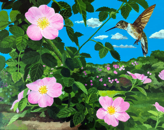 Hummingbird with Wild Roses by Judy Hatlen