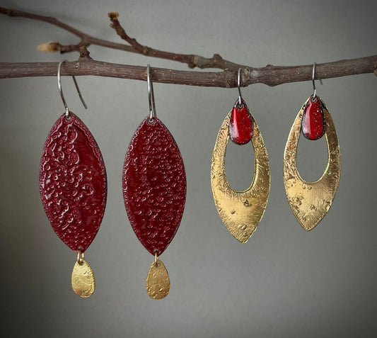 Textured Red Pointed Ovals with Brass Drops Earring by A.H. Szabo Designs