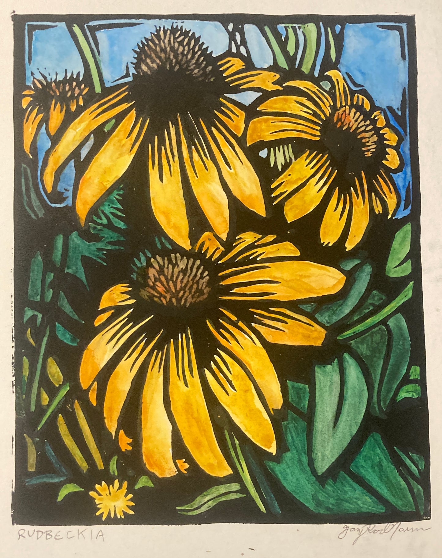 Rudbeckia - Hand-painted Linocut Art Print