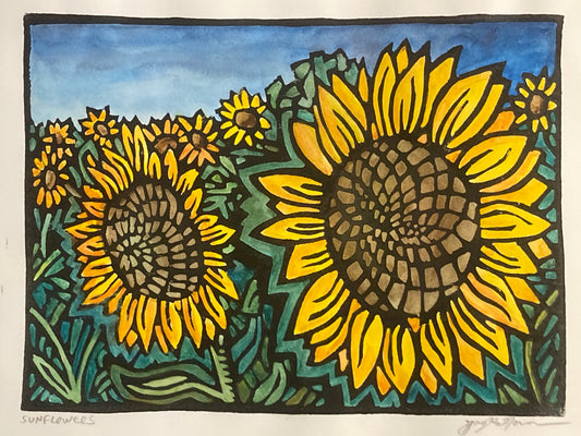 Sunflowers - Hand-painted Linocut Art Print