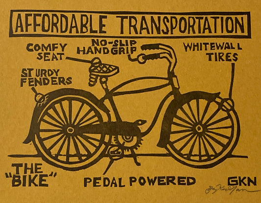 Affordable Transportation - Linocut Letter Press Art Print by Gary Nauman