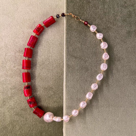 Red Coral and Pearl Necklace by Cire Alexandria