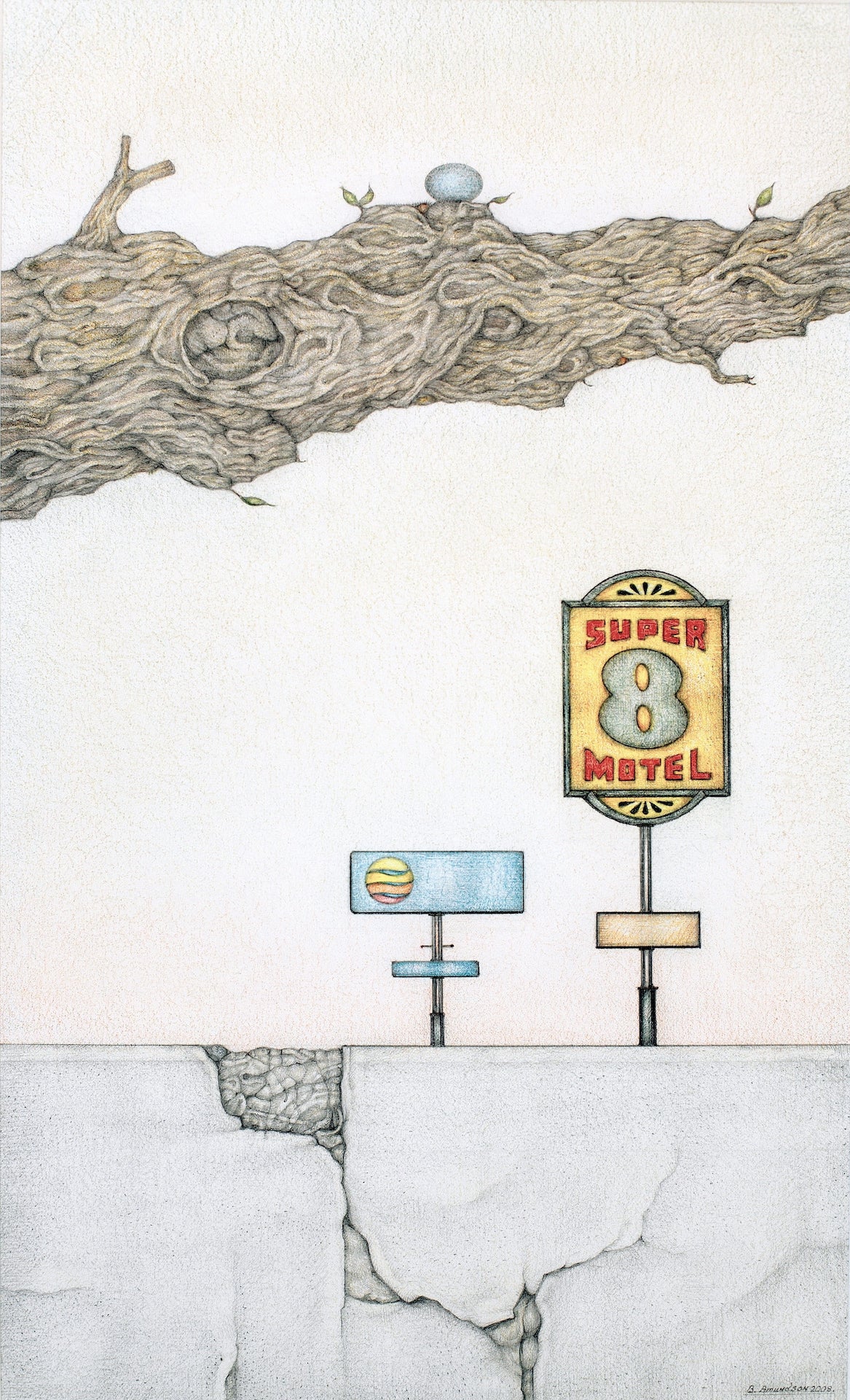 LANDSCAPE WITH WALL, BRANCH AND SIGNS by Bill Amundson