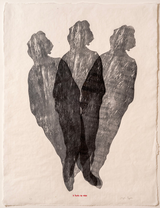 It Hurts To Miss  22" x 30" relief and letterpress printed on handmade abaca paper (Framed ) by Joseph Lappie