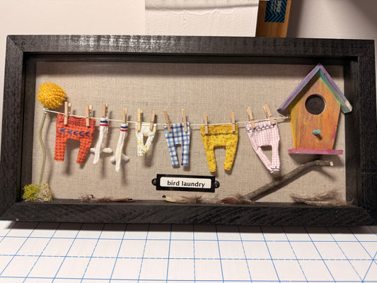 Bird Laundry 8"x16"  Mixed Media (in handmade frame) by Missy Orge