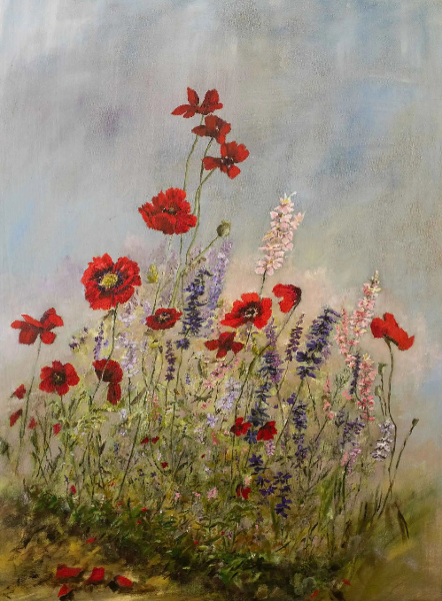 Larkspur & Poppies Art Print by Judy Robb